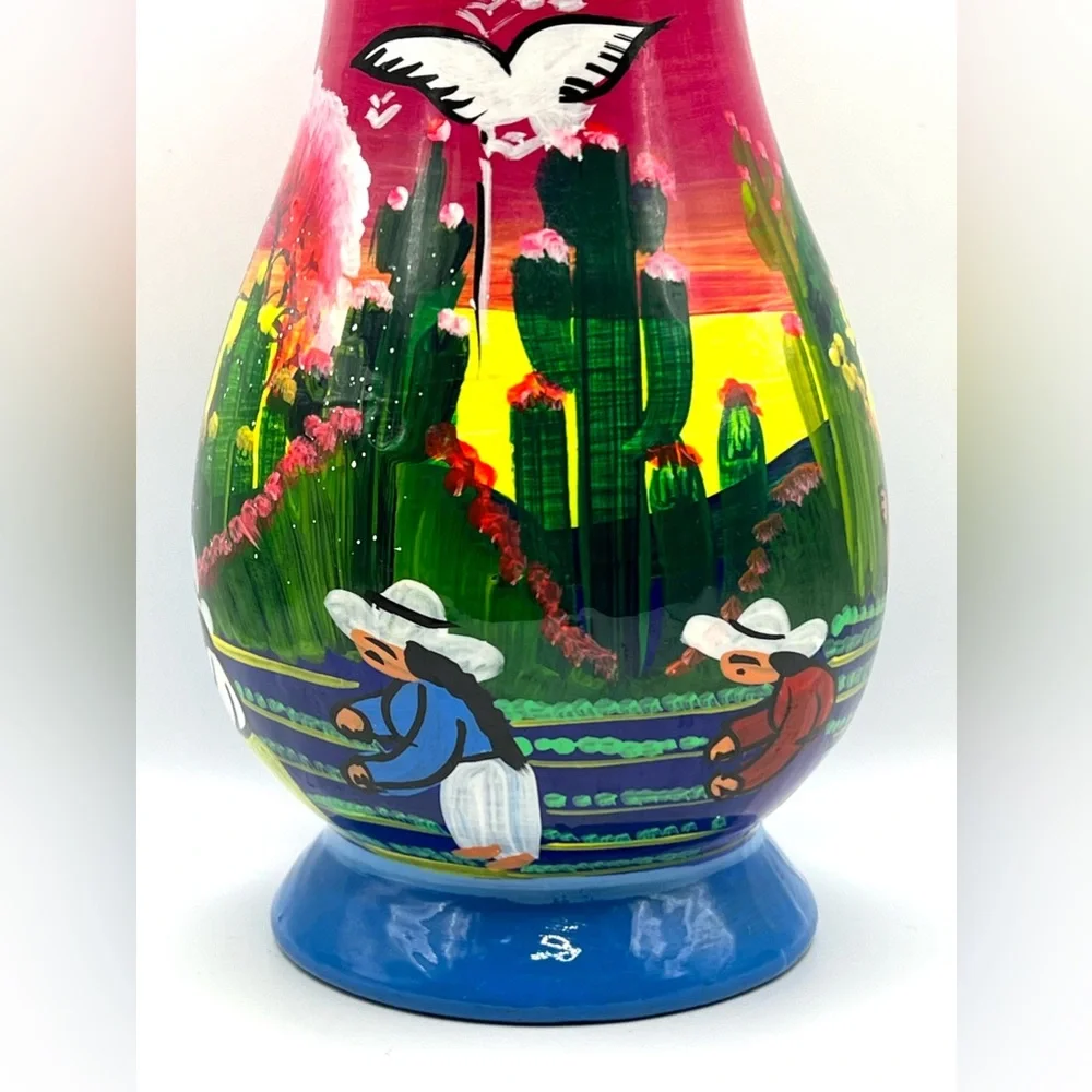 Mexican Talavera Folk Art Handpainted Colorful Flower Decorative Vase 8.5 in